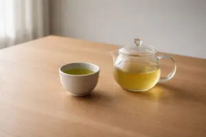 Chén chè xanh đặt trên bàn gỗ trong ánh sáng tự nhiên, không gian tĩnh.