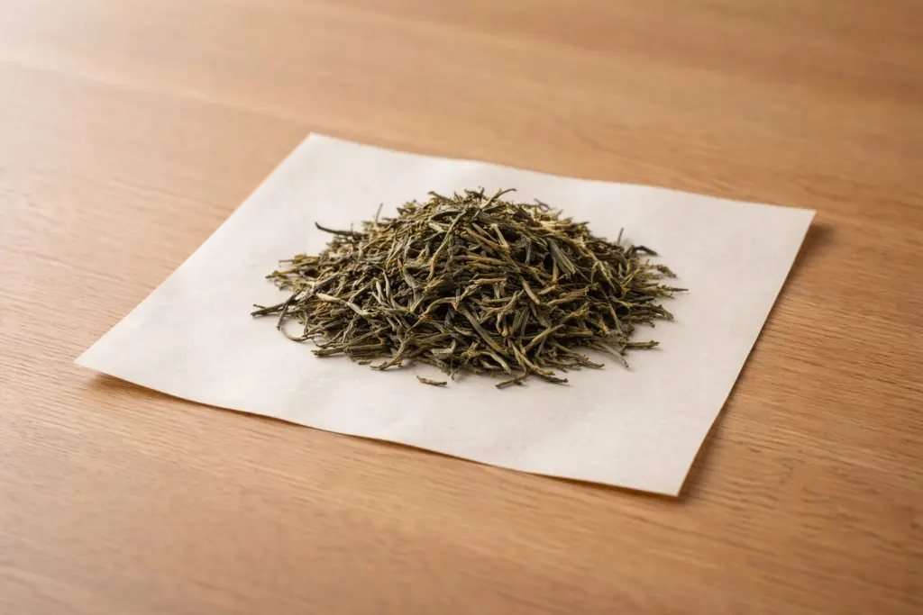 Lá chè xanh sao khô đặt trên nền giấy sáng.
