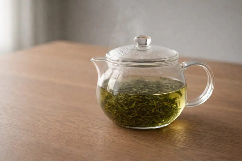 Chè xanh đang được hãm trong ấm, hơi nước nhẹ.