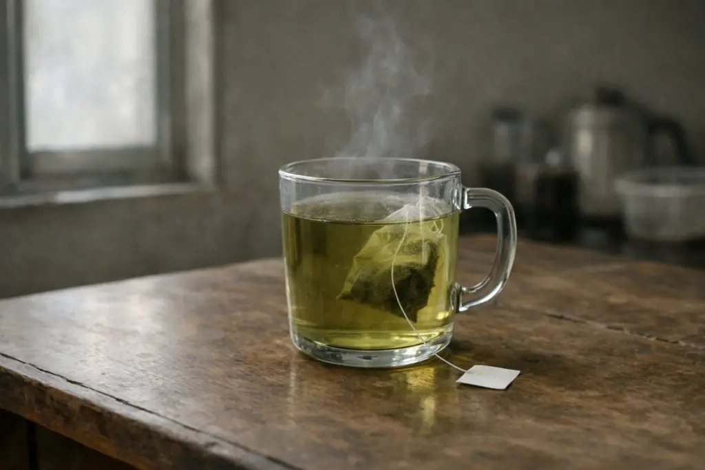 Chén chè xanh túi lọc pha đơn giản trong buổi sáng yên tĩnh