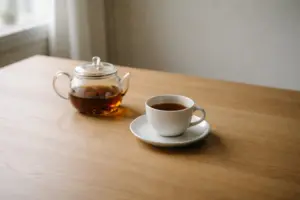 Chén trà đen đặt trên bàn gỗ trong ánh sáng tự nhiên, không gian tĩnh.