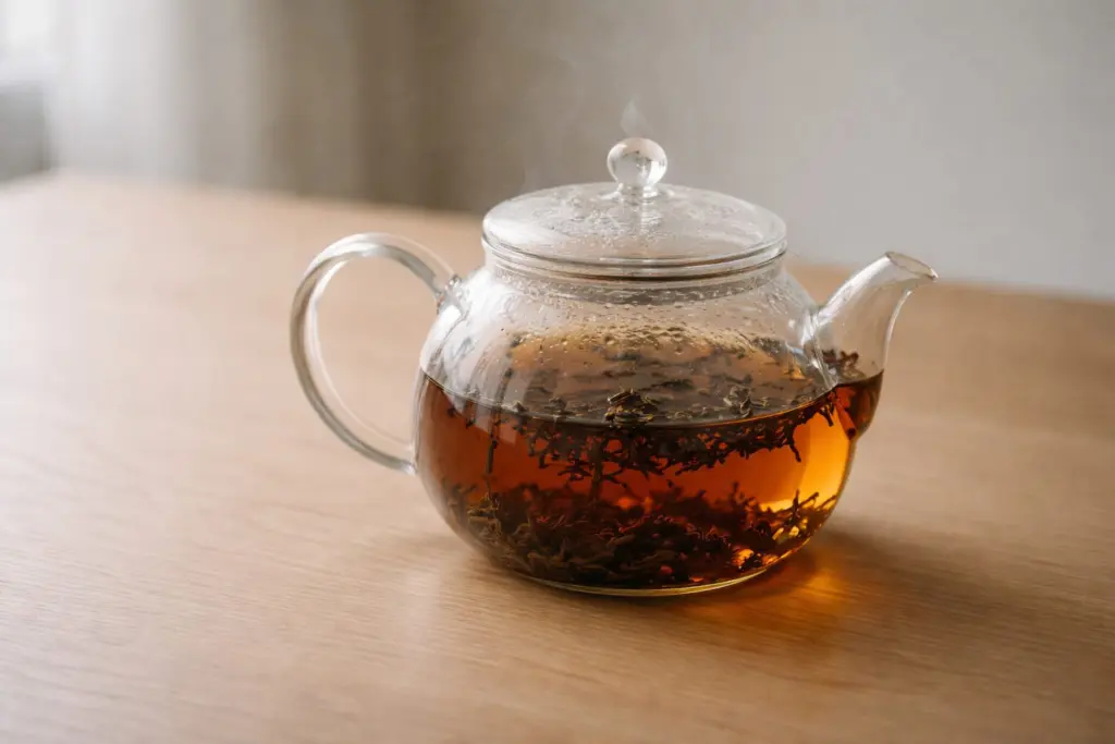 Trà đen đang được hãm trong ấm, hơi nước nhẹ.