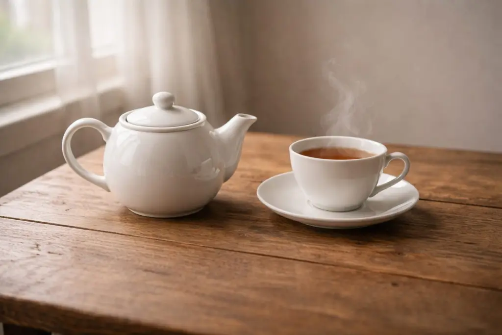 Bàn trà đơn giản với ấm và chén trong ánh sáng tự nhiên.
