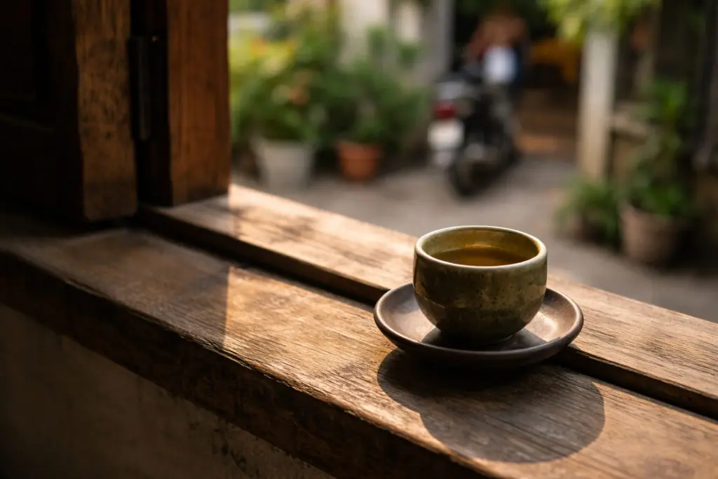 Chén trà trong không gian sinh hoạt đời thường
