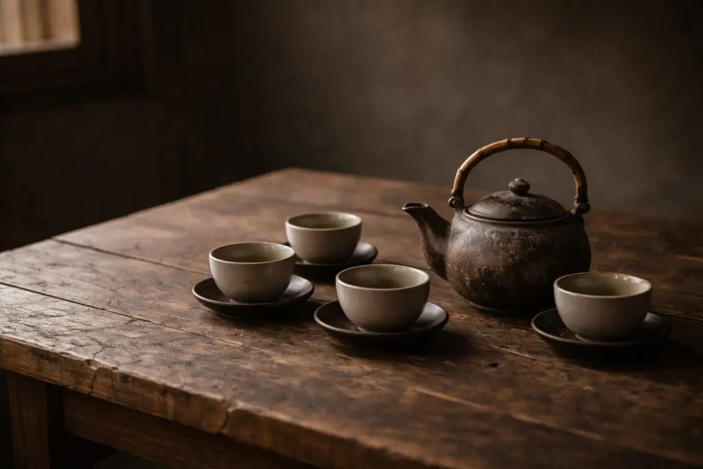 Bộ ấm chén cũ trong không gian tĩnh lặng