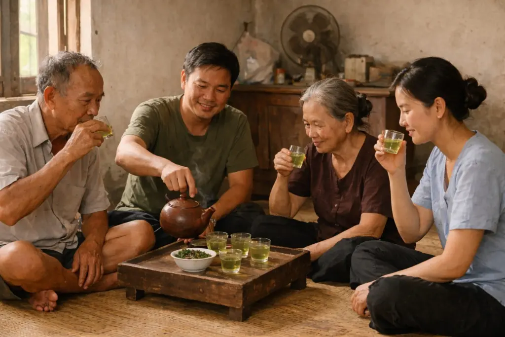 Người cầm chén chè xanh trong ánh sáng tự nhiên buổi sáng.