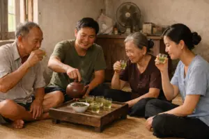 Người cầm chén chè xanh trong ánh sáng tự nhiên buổi sáng.