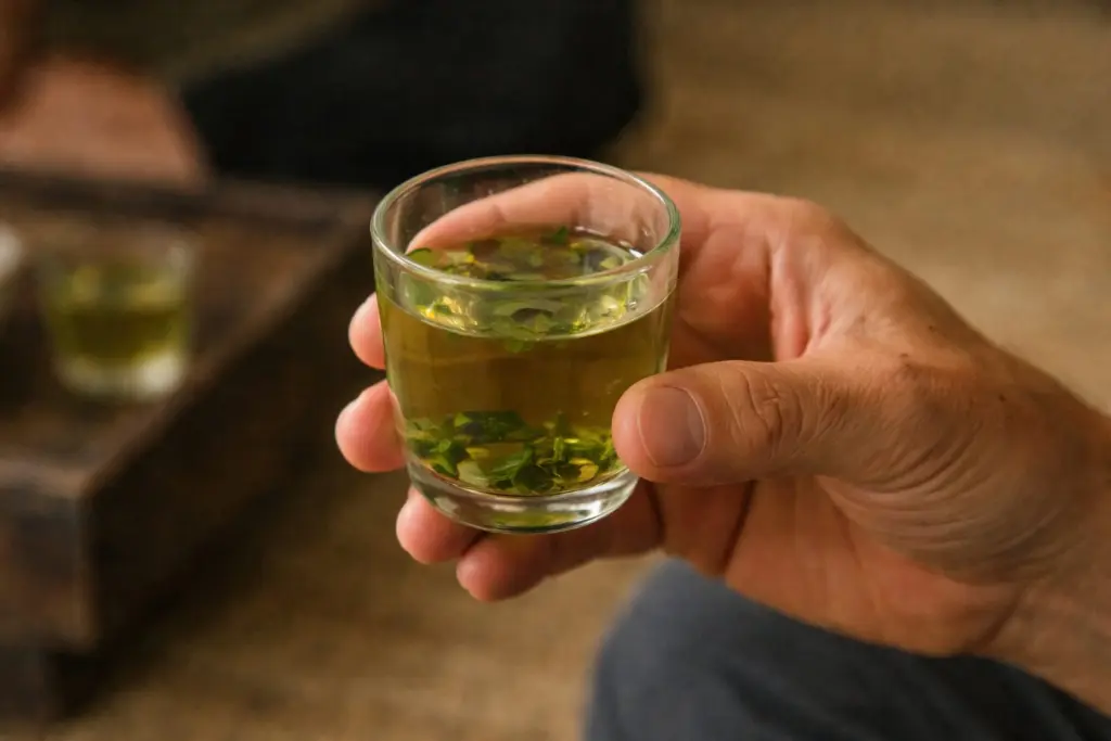 Cận cảnh chén chè xanh được nâng lên trong ánh sáng dịu.