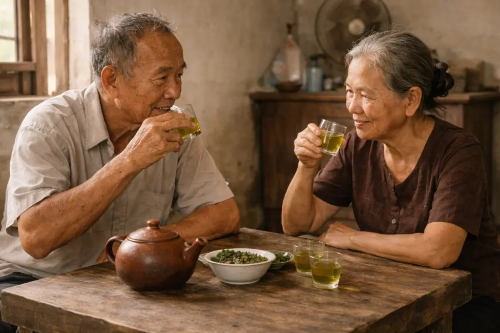 Hai người uống chè xanh trong không gian gia đình đơn giản.