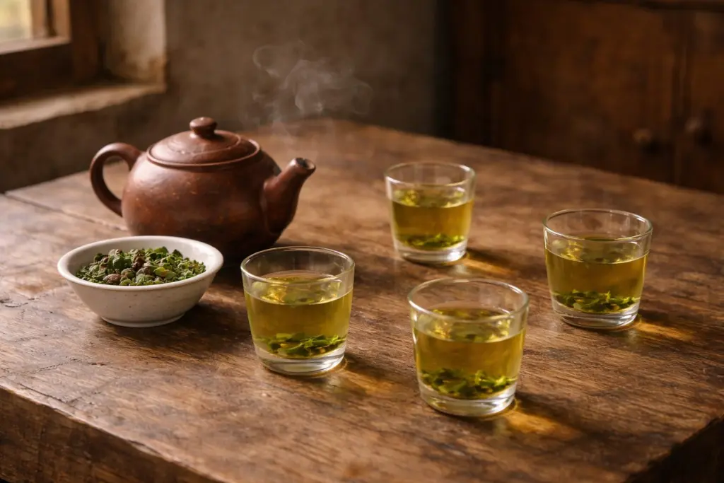 Ấm chè xanh và chén nhỏ trong không gian gia đình đơn giản.