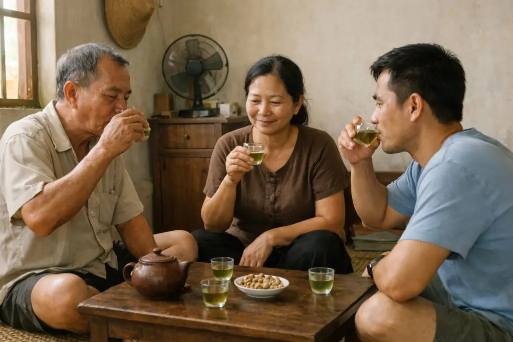 Người cầm chén chè xanh trong ánh sáng tự nhiên buổi sáng.