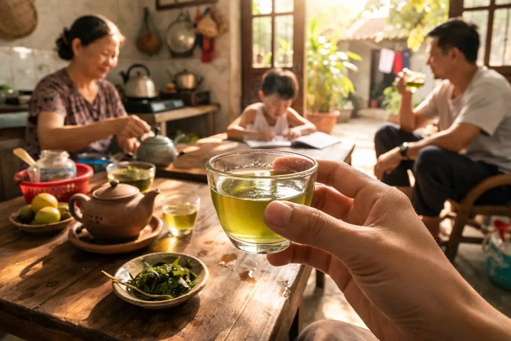 Chén chè xanh được nâng lên trong ánh sáng dịu.