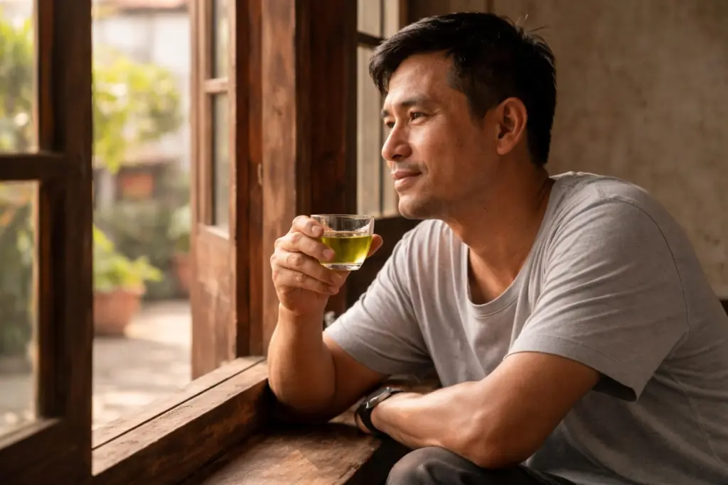 Người ngồi uống chè xanh gần cửa sổ trong ánh sáng dịu.