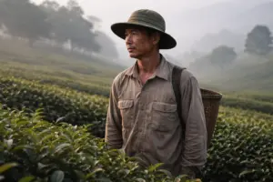 Người trồng trà trên nương trà Việt Nam vào buổi sáng