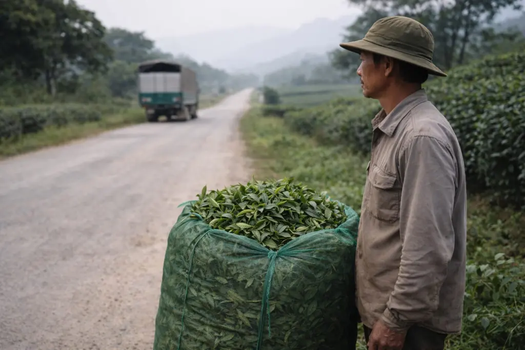 Người trồng trà đứng cạnh bao trà chờ thu mua