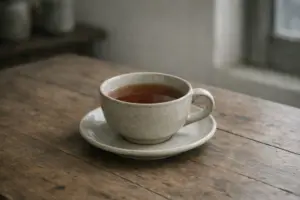 chén trà đã nguội trên bàn gỗ, không có hơi nước