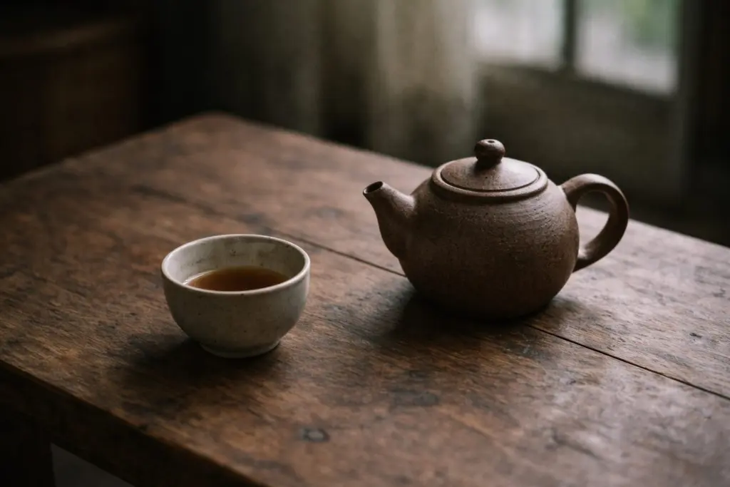 ấm trà và chén nhỏ trong ánh sáng chiều tàn