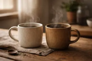 hai chén trà trên bàn gỗ, hơi nước bốc lên nhẹ