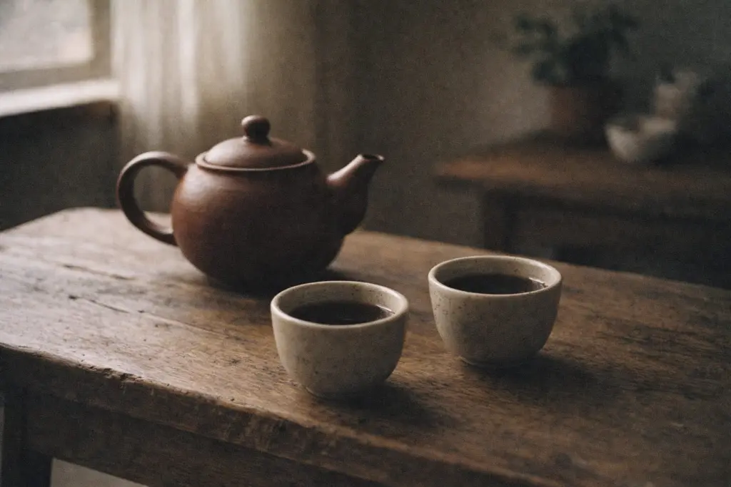 ấm trà đất và hai chén nhỏ trên bàn thấp