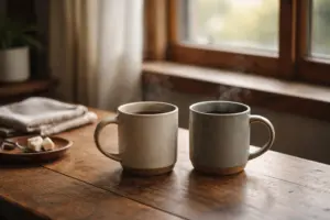hai chén trà trên bàn gỗ trong ánh chiều
