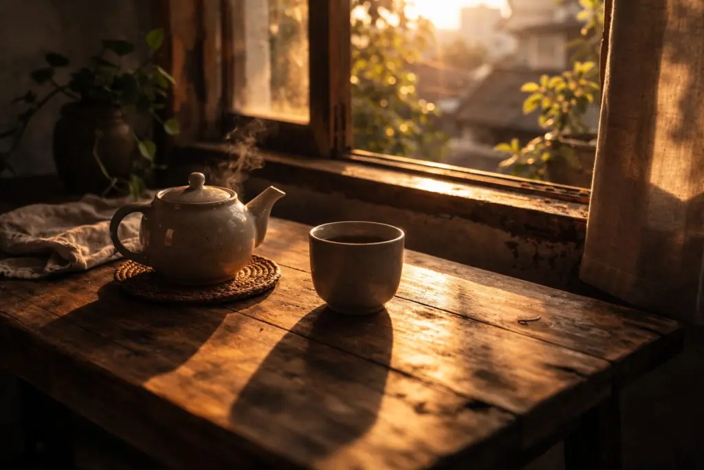 ấm trà và chén nhỏ bên cửa sổ trong buổi chiều lặng