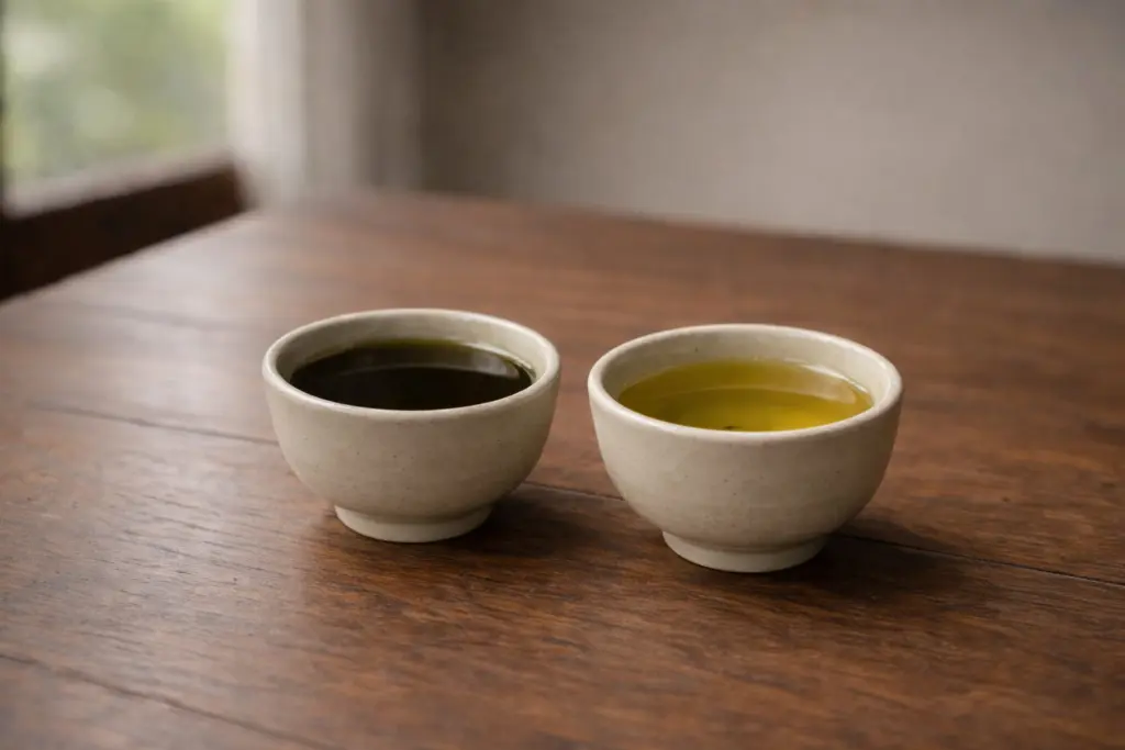 Hai chén chè với màu nước khác nhau do nồng độ khác nhau.
