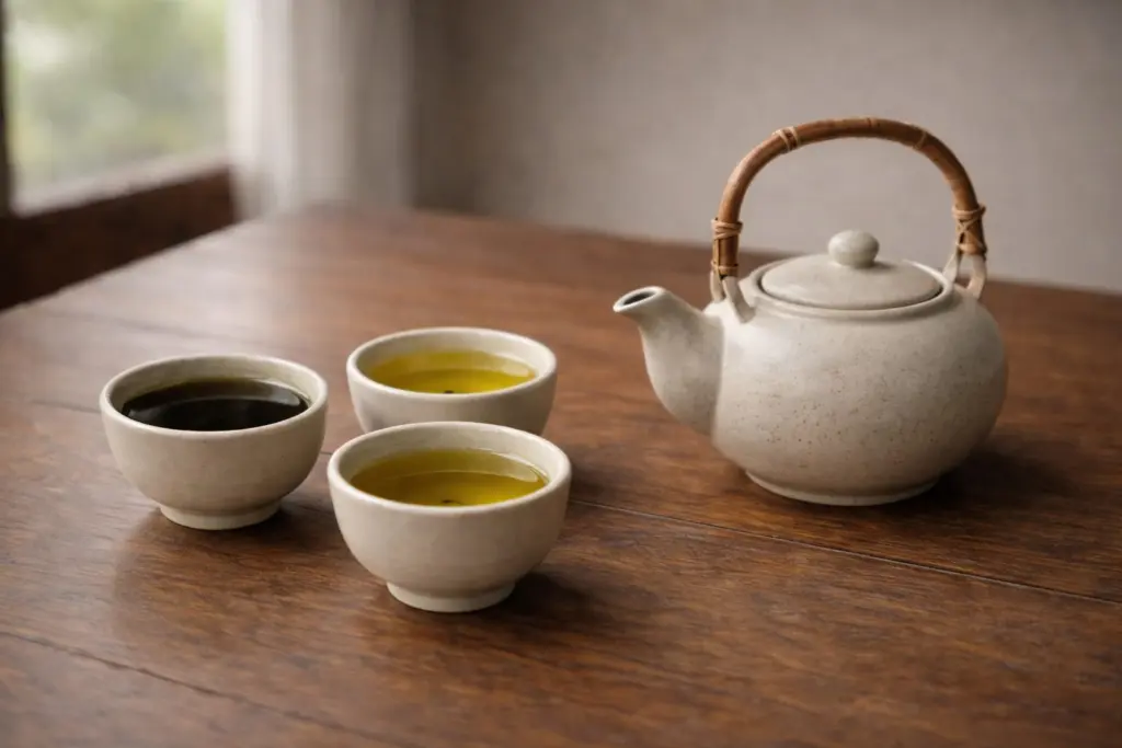 Ấm chè và các chén nhỏ trong không gian sinh hoạt giản dị.