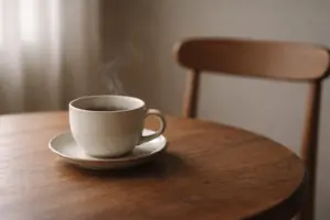 Chén trà trên bàn gỗ trong không gian yên tĩnh