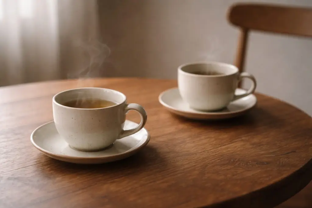 Hai chén trà trên bàn gỗ, một gần một xa