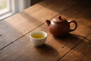 Ấm trà đất nung và chén trà trên bàn gỗ trong ánh sáng tự nhiên