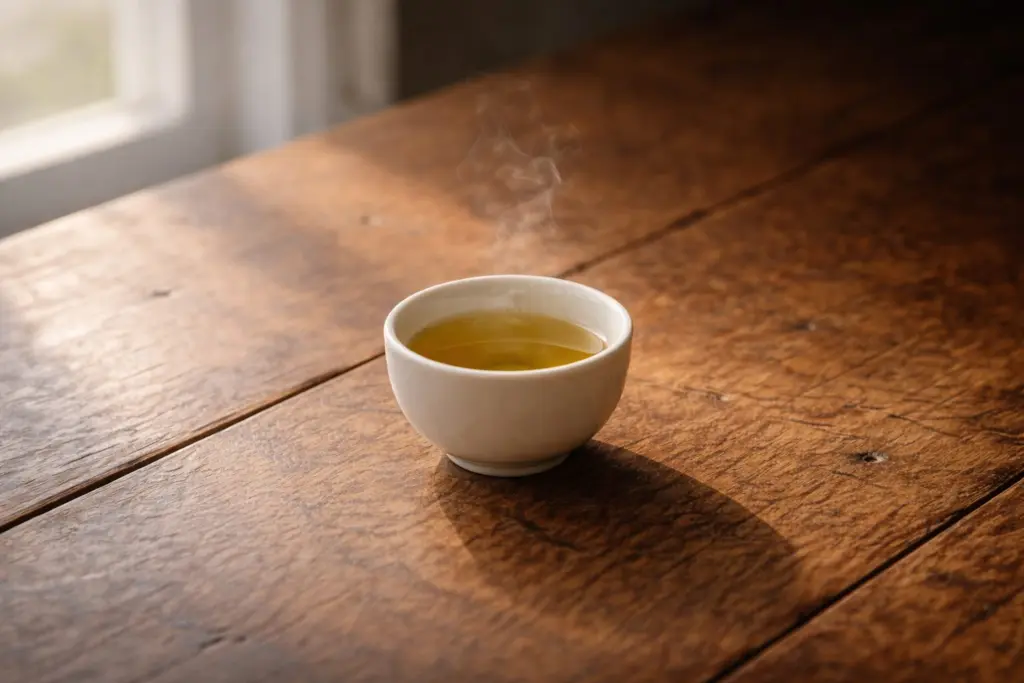 Chén trà bốc hơi nhẹ trong ánh sáng buổi sáng trên bàn gỗ