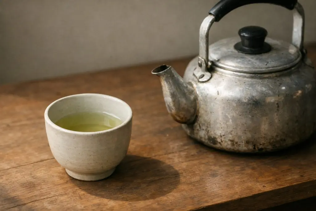 Chén chè xanh đơn giản trên bàn gỗ, cạnh ấm nhôm