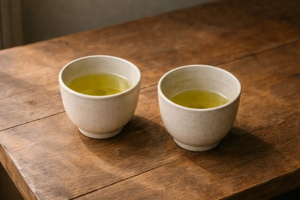 Hai chén chè trên bàn gỗ — một cái vẫn gần đầy, một cái đã uống gần hết
