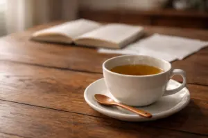 Chén trà trên bàn gỗ với quyển sách mờ phía sau trong ánh sáng tự nhiên
