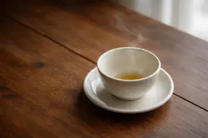 Chén trà gần trống trên bàn gỗ trong ánh sáng tự nhiên