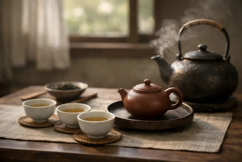 Không gian bàn trà yên tĩnh với ấm trà và ấm nước đang bốc hơi.