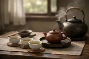 Không gian bàn trà yên tĩnh với ấm trà và ấm nước đang bốc hơi.