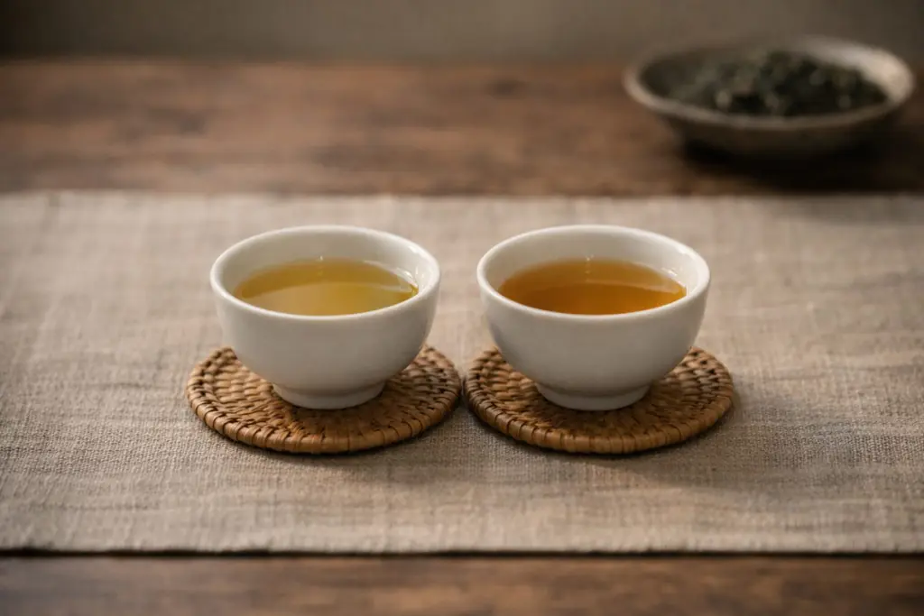 Hai chén trà có màu nước hơi khác nhau dù dùng cùng một loại trà.