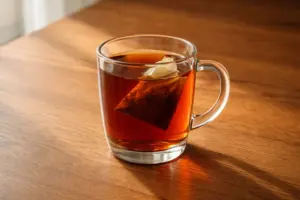 Cốc trà đen túi lọc đang ngâm trên bàn gỗ trong ánh sáng tự nhiên