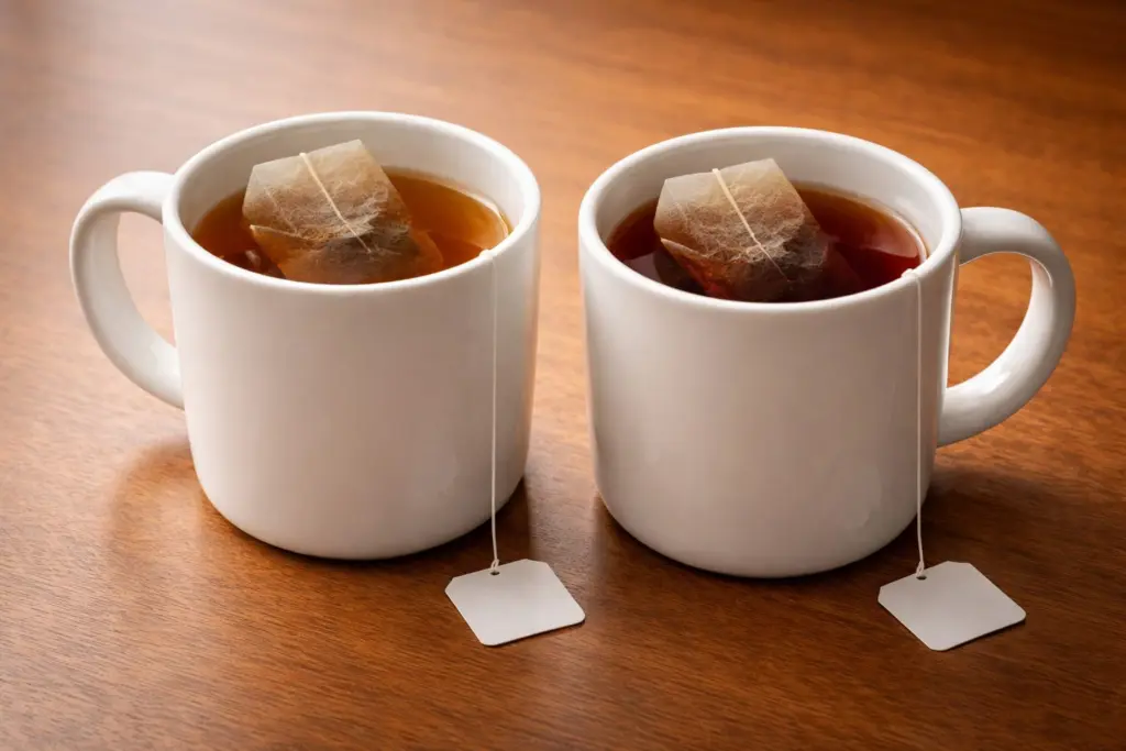 Hai cốc trà túi lọc màu nước khác nhau đặt cạnh nhau trên bàn gỗ