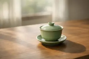 Chén chè trong ánh sáng buổi sáng dịu nhẹ.
