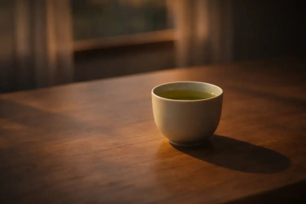 Chén chè dưới ánh đèn buổi tối ấm và trầm.
