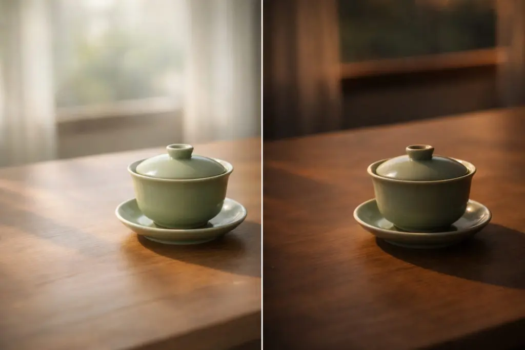 Cùng một ấm chè trong hai điều kiện ánh sáng khác nhau.