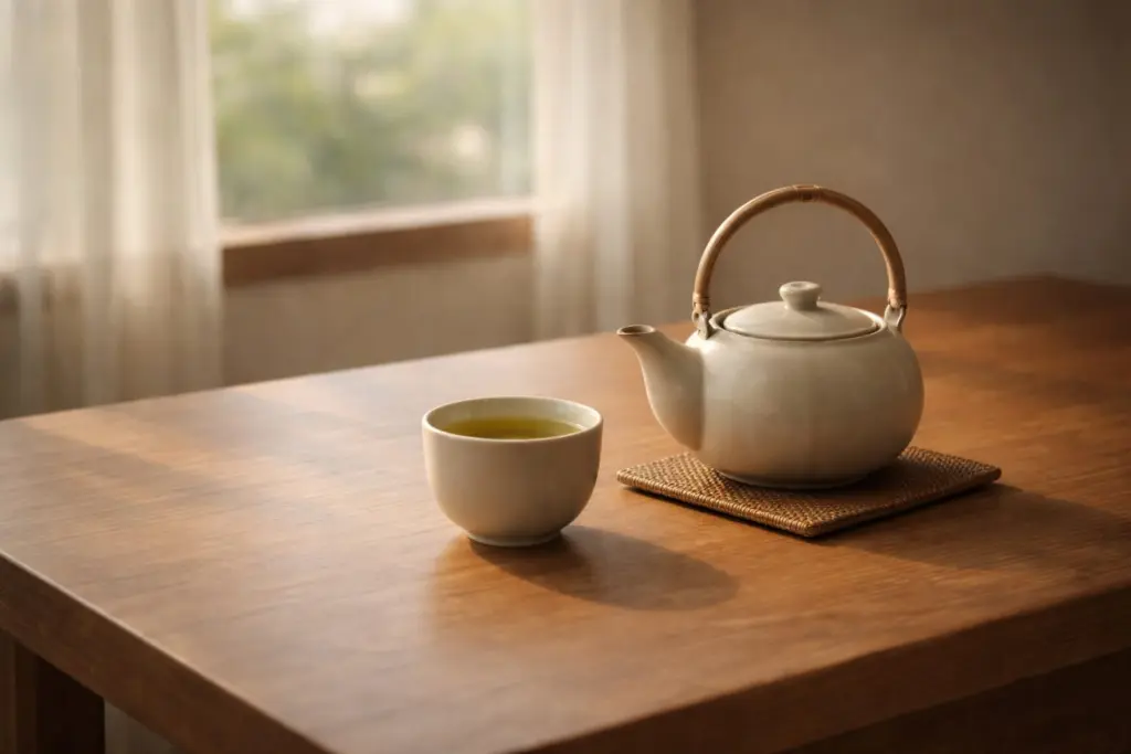 Góc uống chè trong không gian sinh hoạt giản dị.