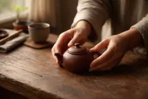 bàn tay đặt ấm trà nhỏ lên bàn gỗ trong buổi sáng sớm