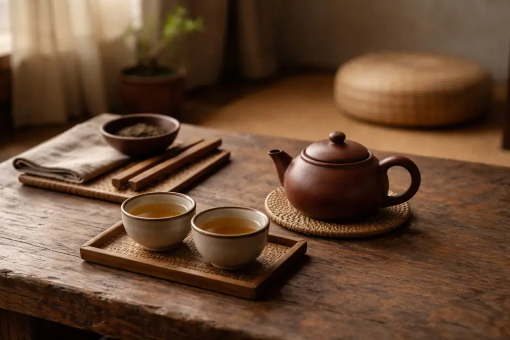 bộ ấm chén trà truyền thống Việt Nam trên bàn gỗ thấp