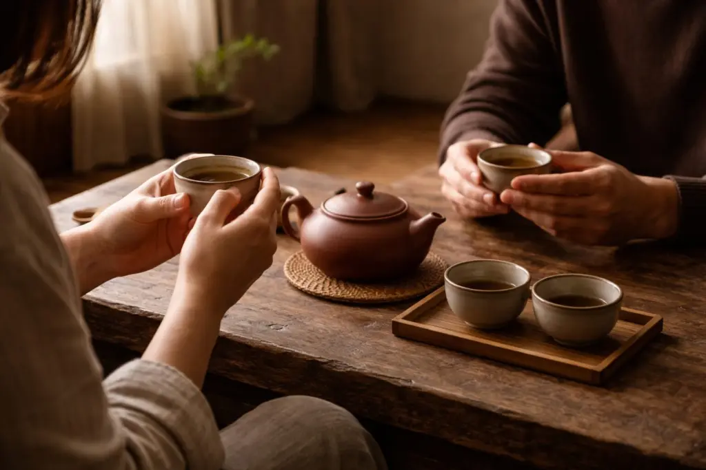 hai người ngồi đối diện với ấm trà ở giữa bàn