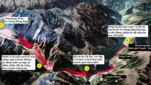 Đường đi của lũ quét Nepal sau sự cố sông băng, cho thấy hướng dòng nước và khu vực bị ảnh hưởng trong thảm họa ngày 26/8.