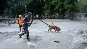 Lực lượng an ninh Nepal cùng chó nghiệp vụ tìm kiếm người sống sót sau trận lũ quét tại Trishuli