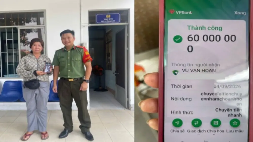 Công an xác minh khoản 60 triệu đồng chuyển nhầm vào tài khoản của chị Huỳnh Thị Thái Tâm, sau đó hướng dẫn hoàn trả cho người chuyển.